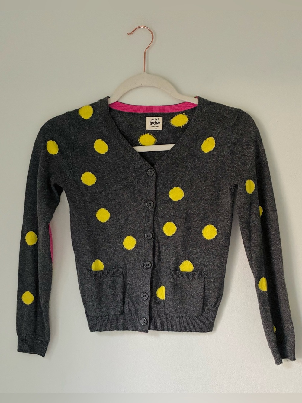 Mini Boden Polka Dot Cardigan Yellow Gray Pink Size 9/10